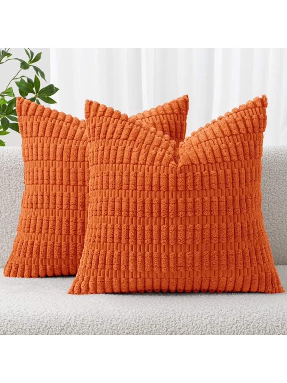 Cozy Fall Corduroy Throw Pillow Covers 18x18 - Orange Decorative Cushions, Set